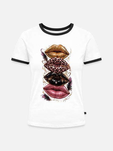 Glamour Lippenkollage Leopardenglanz - Frauen Kontrast-T-Shirt - Weiß/Schwarz