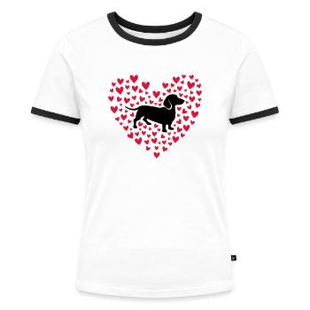 SÜSSER HERZ DACKEL, DACHSHUND MIT HERZEN - Frauen Kontrast-T-Shirt - Weiß/Schwarz - Vorne - Selfina (174cm)