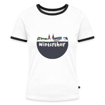 winterhur,skyline,retro, scherenschnitt,schweiz - Frauen Kontrast-T-Shirt - Weiß/Schwarz - Vorne - Selfina (174cm)