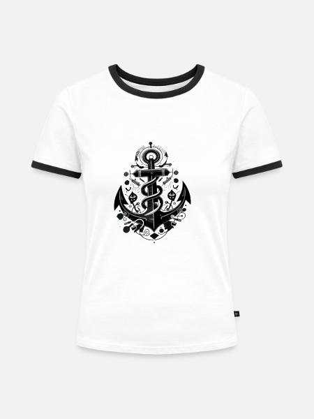 Anker Schwarz geschwungen - Frauen Kontrast-T-Shirt - Weiß/Schwarz