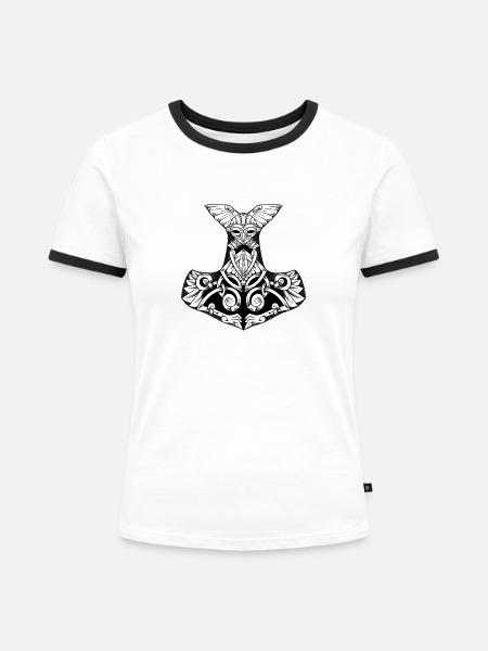 Mjollnir, legendäres Wikinger-Hammer-Dotwork-Tattoo - Frauen Kontrast-T-Shirt - Weiß/Schwarz