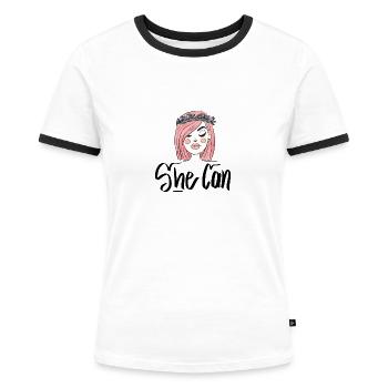She Can - Frauen Kontrast-T-Shirt - Weiß/Schwarz - Vorne - Selfina (174cm)