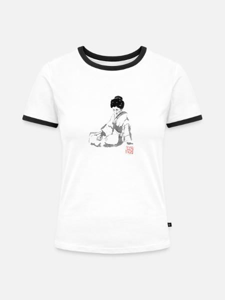 Geisha und Fan - Frauen Kontrast-T-Shirt - Weiß/Schwarz