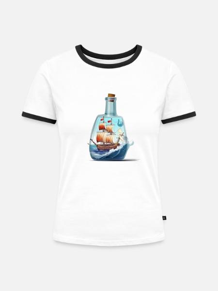 Flaschenpost Schiff - Frauen Kontrast-T-Shirt - Weiß/Schwarz