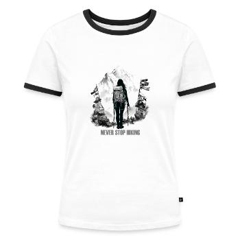 Never Stop Hiking (Himalaya Woman Edition) - Frauen Kontrast-T-Shirt - Weiß/Schwarz - Vorne - Selfina (174cm)