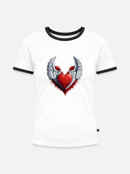 Rotes Herz mit Flügeln - Frauen Kontrast-T-Shirt - Weiß/Schwarz
