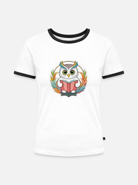 Eule, Leseeule - Frauen Kontrast-T-Shirt - Weiß/Schwarz