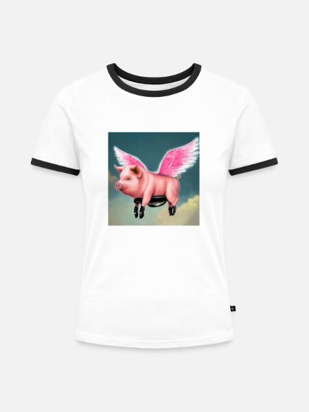 Fliegendes Schwein - Frauen Kontrast-T-Shirt - Weiß/Schwarz