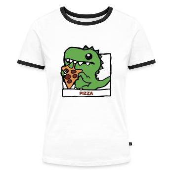 Pizza Saurier Dino Geschenk Idee - Frauen Kontrast-T-Shirt - Weiß/Schwarz - Vorne - Selfina (174cm)