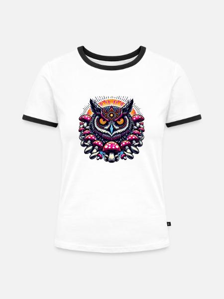 Bunte Eule mit Pilzen - Frauen Kontrast-T-Shirt - Weiß/Schwarz
