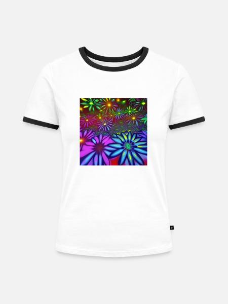 Psychedelische Blumen - Frauen Kontrast-T-Shirt - Weiß/Schwarz