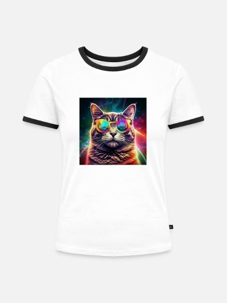 Kosmischer Katzenflair - Frauen Kontrast-T-Shirt - Weiß/Schwarz