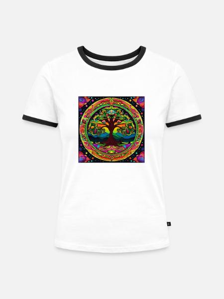 Trippy Mandala Baum - Frauen Kontrast-T-Shirt - Weiß/Schwarz