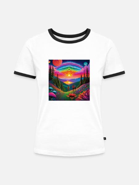 psychedelisches trippy Traumwelt-Design - Frauen Kontrast-T-Shirt - Weiß/Schwarz