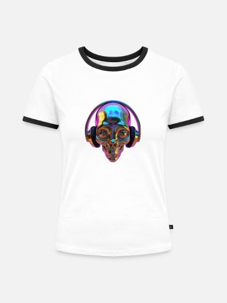 Chromatischer Alien-Kopf mit Kopfhörern - Frauen Kontrast-T-Shirt - Weiß/Schwarz