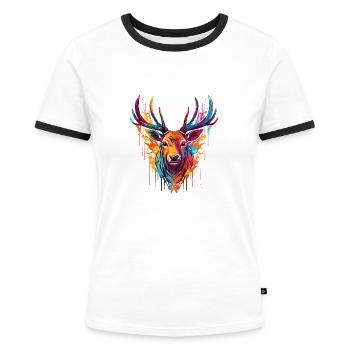 Farbenfoher Hirsch - Frauen Kontrast-T-Shirt - Weiß/Schwarz - Vorne - Selfina (174cm)
