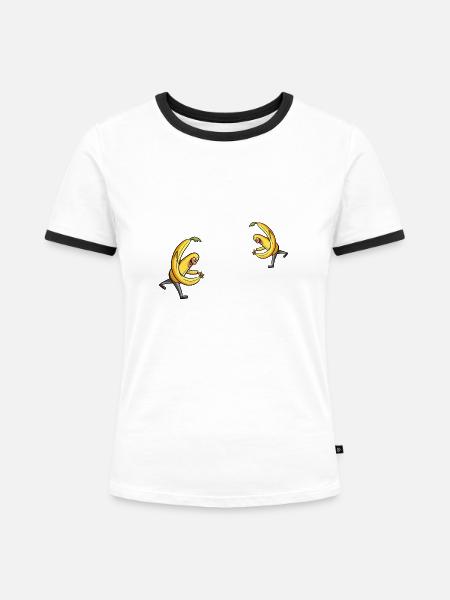 Cartoon Banane: Dynamische Action-Illustration - Frauen Kontrast-T-Shirt - Weiß/Schwarz