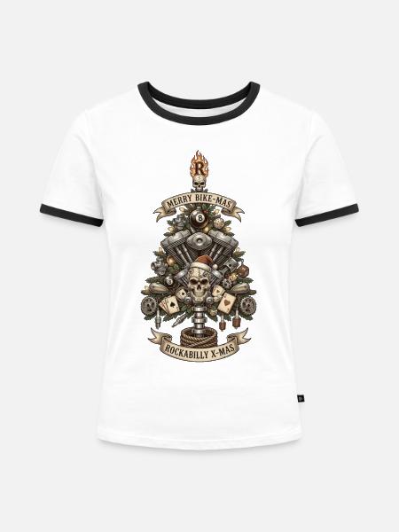 Rockabilly Xmas Skull Engine - Frauen Kontrast-T-Shirt - Weiß/Schwarz