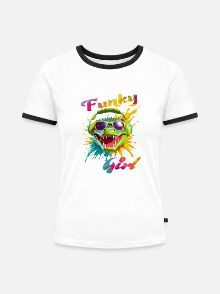 Funky Mädchen Krokodil - Frauen Kontrast-T-Shirt - Weiß/Schwarz