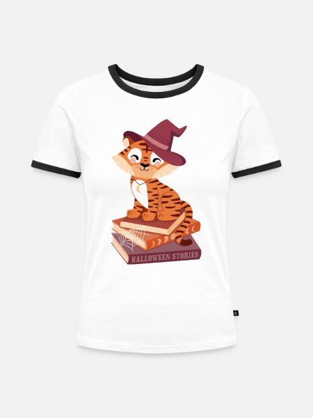 Tiger auf Halloween-Bücherstapel - Frauen Kontrast-T-Shirt - Weiß/Schwarz