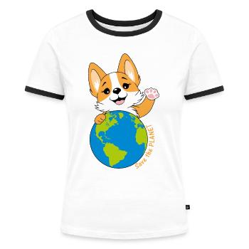Corgi mit Weltkugel - Frauen Kontrast-T-Shirt - Weiß/Schwarz - Vorne - Selfina (174cm)