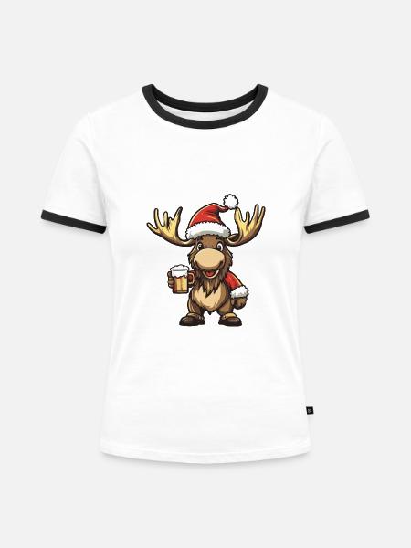 Elch Bier Xmas Weihnachten - Frauen Kontrast-T-Shirt - Weiß/Schwarz