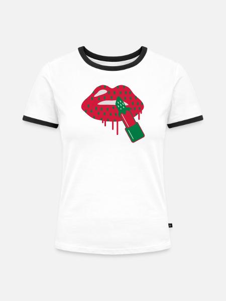 Lippenstift Erdbeere - Frauen Kontrast-T-Shirt - Weiß/Schwarz