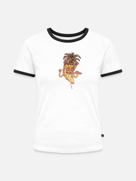 Funky Maskottchen-Ananaspizza - Frauen Kontrast-T-Shirt - Weiß/Schwarz