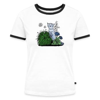 Lächelnde Katze im Blattwerk - Frauen Kontrast-T-Shirt - Weiß/Schwarz - Vorne - Selfina (174cm)