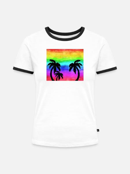 Rainbow Sunset Palmen Strand - Frauen Kontrast-T-Shirt - Weiß/Schwarz
