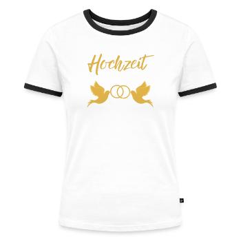 Hochzeit halten Taubenpaar Eheringe golden Heirat - Frauen Kontrast-T-Shirt - Weiß/Schwarz - Vorne - Selfina (174cm)