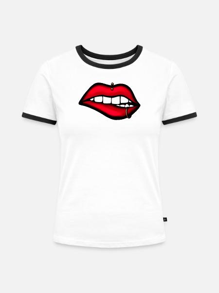Lippen mit Piercing – Ästhetisches Design - Frauen Kontrast-T-Shirt - Weiß/Schwarz