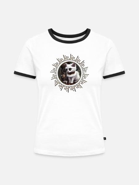 Kleine Steampunk-Katze - Frauen Kontrast-T-Shirt - Weiß/Schwarz