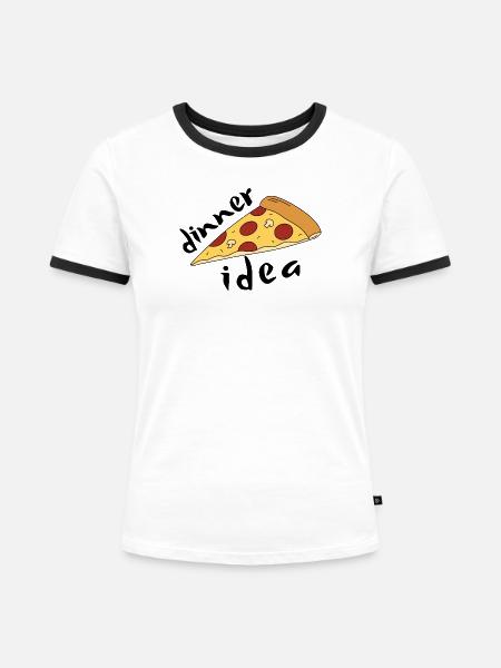 Cartoon-Peperoni-Pizza – Abendessen-Idee - Frauen Kontrast-T-Shirt - Weiß/Schwarz