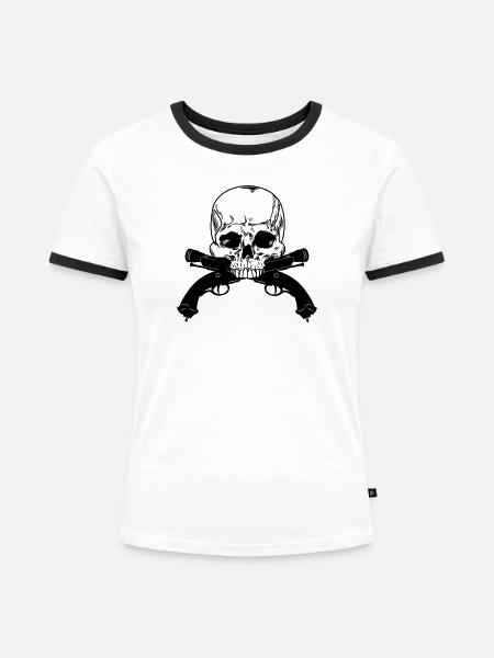 Totenkopfpistolen-Duell - Frauen Kontrast-T-Shirt - Weiß/Schwarz
