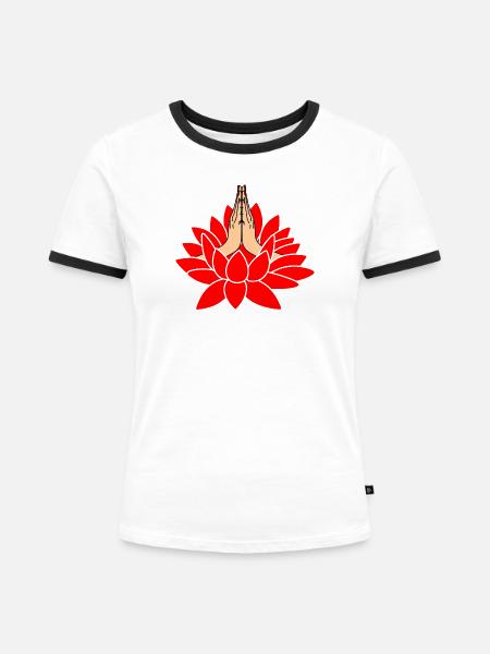 Rote Lotus-Namaste-Zeiger - Frauen Kontrast-T-Shirt - Weiß/Schwarz