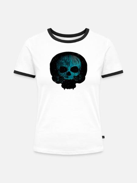 Katzenschädel, Gothic motiv, Sternenmuster - Frauen Kontrast-T-Shirt - Weiß/Schwarz