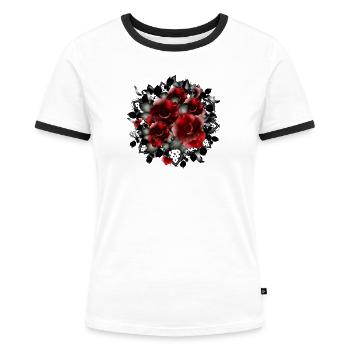 Gothic Brautstrauß Bouquet aus dunkelroten Rosen - Frauen Kontrast-T-Shirt - Weiß/Schwarz - Vorne - Selfina (174cm)