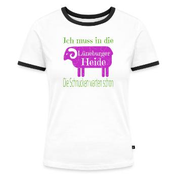 Lüneburger Heide Motiv mit Heidschnucke - Frauen Kontrast-T-Shirt - Weiß/Schwarz - Vorne - Selfina (174cm)