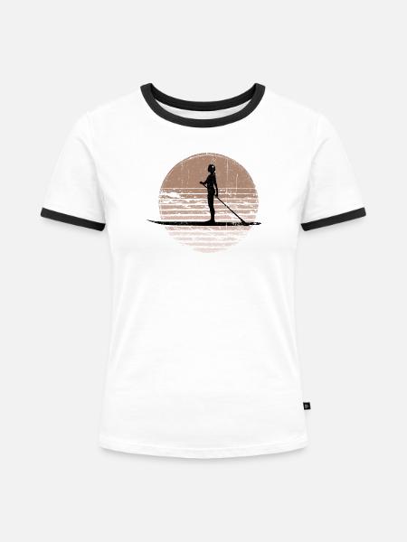 Sunset Paddleboard Silhouette - Frauen Kontrast-T-Shirt - Weiß/Schwarz