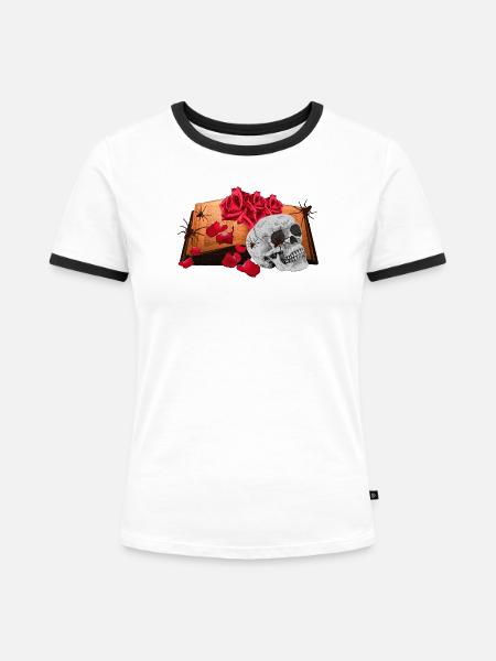 Bücher Design, Geschenkidee frau, Menschenschädel - Frauen Kontrast-T-Shirt - Weiß/Schwarz