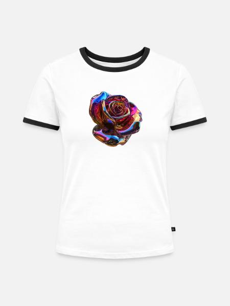 Irisierende Regenbogenrose - Frauen Kontrast-T-Shirt - Weiß/Schwarz