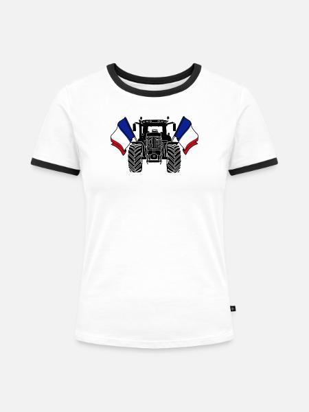 Traktor zwei Fahnen Frankreich - Frauen Kontrast-T-Shirt - Weiß/Schwarz