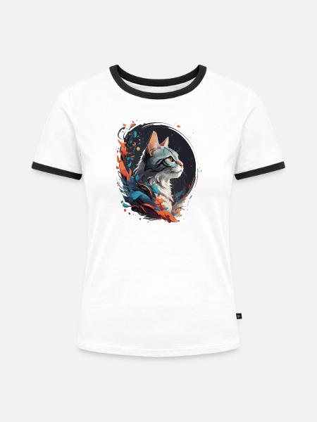 Bunte Katze - Frauen Kontrast-T-Shirt - Weiß/Schwarz