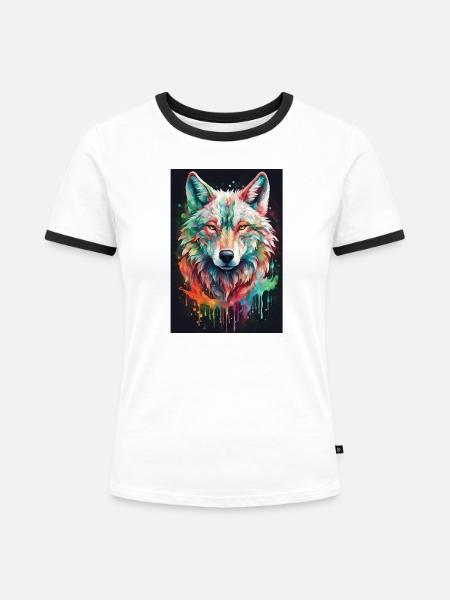 Bunter Wolfkopf Farbexplosion - Frauen Kontrast-T-Shirt - Weiß/Schwarz