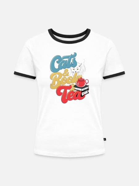 Katzen und Tee Druck - Frauen Kontrast-T-Shirt - Weiß/Schwarz