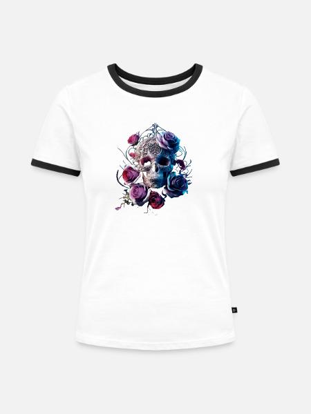 Skull and Roses - Frauen Kontrast-T-Shirt - Weiß/Schwarz