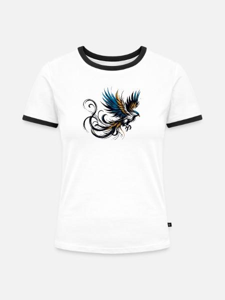 Bunter fliegender phantastischer Vogel - Frauen Kontrast-T-Shirt - Weiß/Schwarz