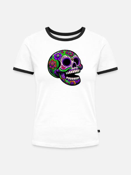 Leuchtender Totenkopf mit Blumenmotiv - Frauen Kontrast-T-Shirt - Weiß/Schwarz