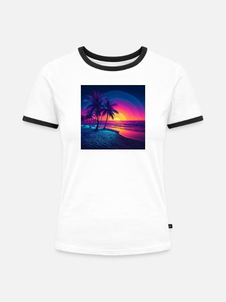 Neon Sonnenuntergang Palmenstrand - Frauen Kontrast-T-Shirt - Weiß/Schwarz